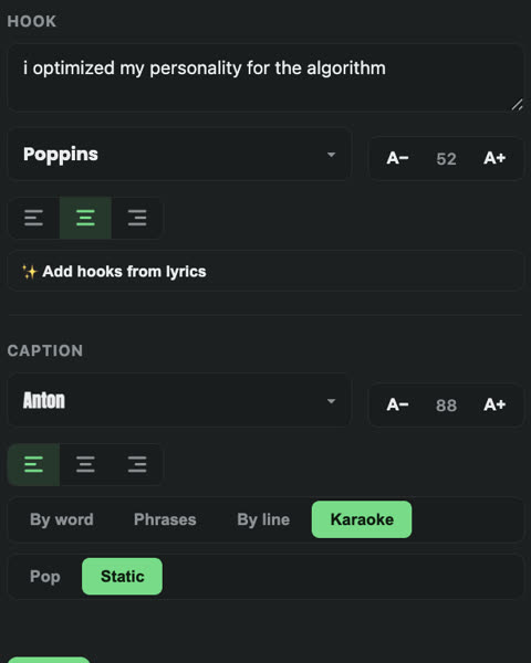 The editor: hook line, fonts and caption modes