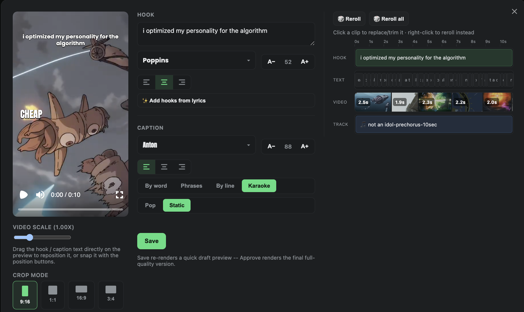 The editor showing hook text, captions, and a timeline
