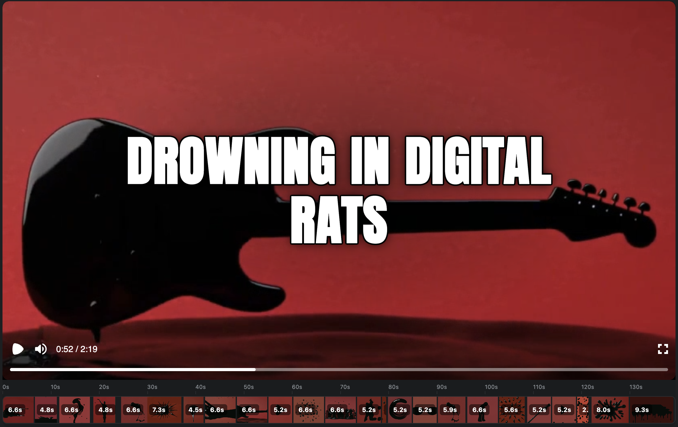 A finished AI lyric video in the editor: one generated scene playing, the whole song's scenes on the timeline below