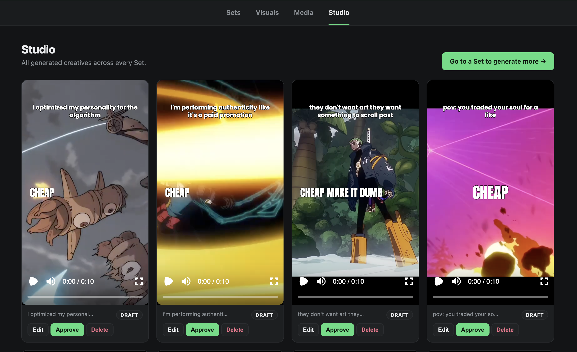 The Studio grid showing a batch of generated video variants
