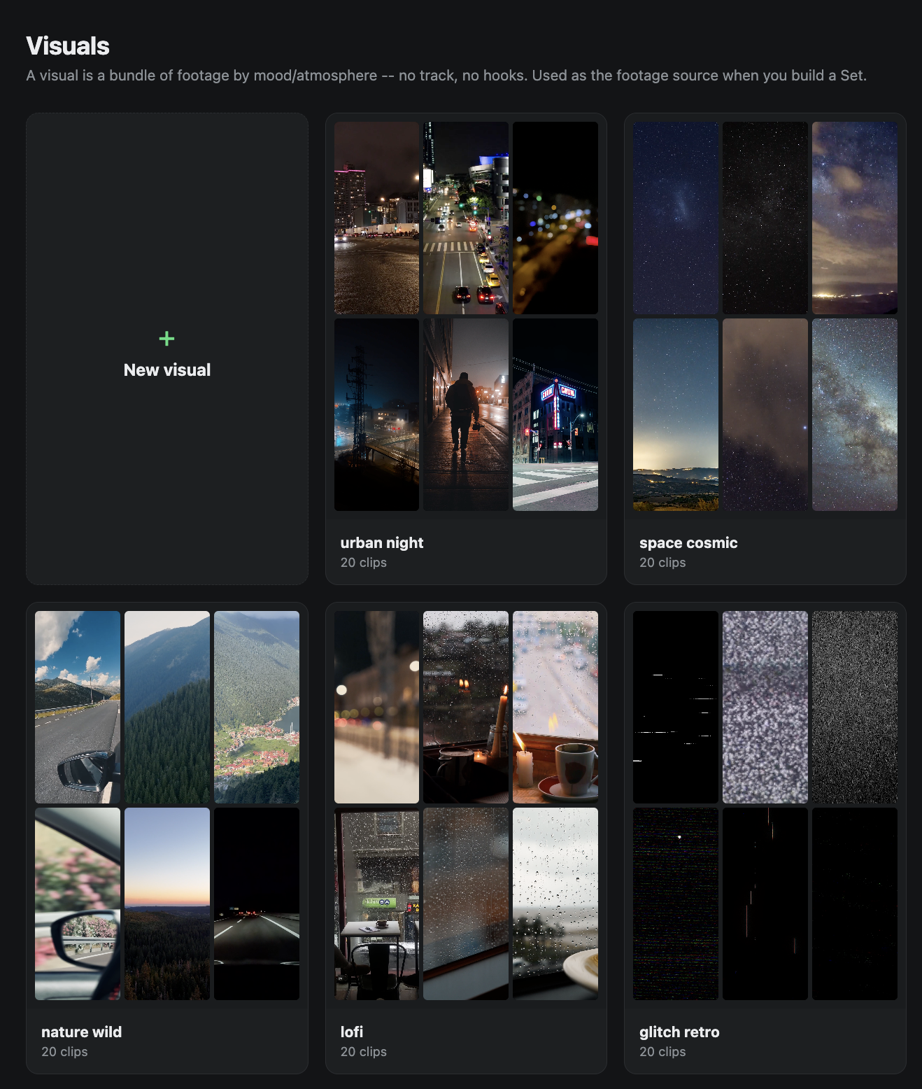 The Visuals tab showing footage grouped into mood-based bundles